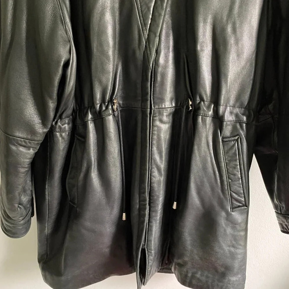 DANIER Oversized Long Black Cinched Waist Authentic Leather Jacket Coat Size L - Picture 4 of 16